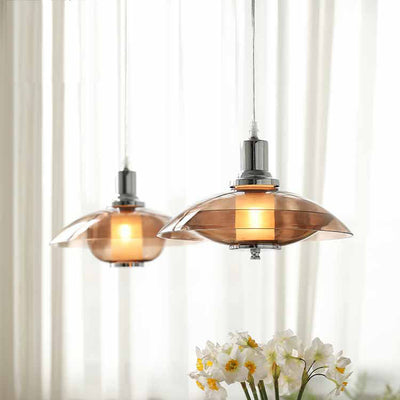 Contemporary Nordic Amber Glass Disc Iron 1-Light Pendant Light For Living Room