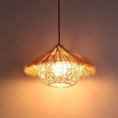 Traditional Rustic Rattan Weaving Straw Hat 1-Light Pendant Light For Dining Room