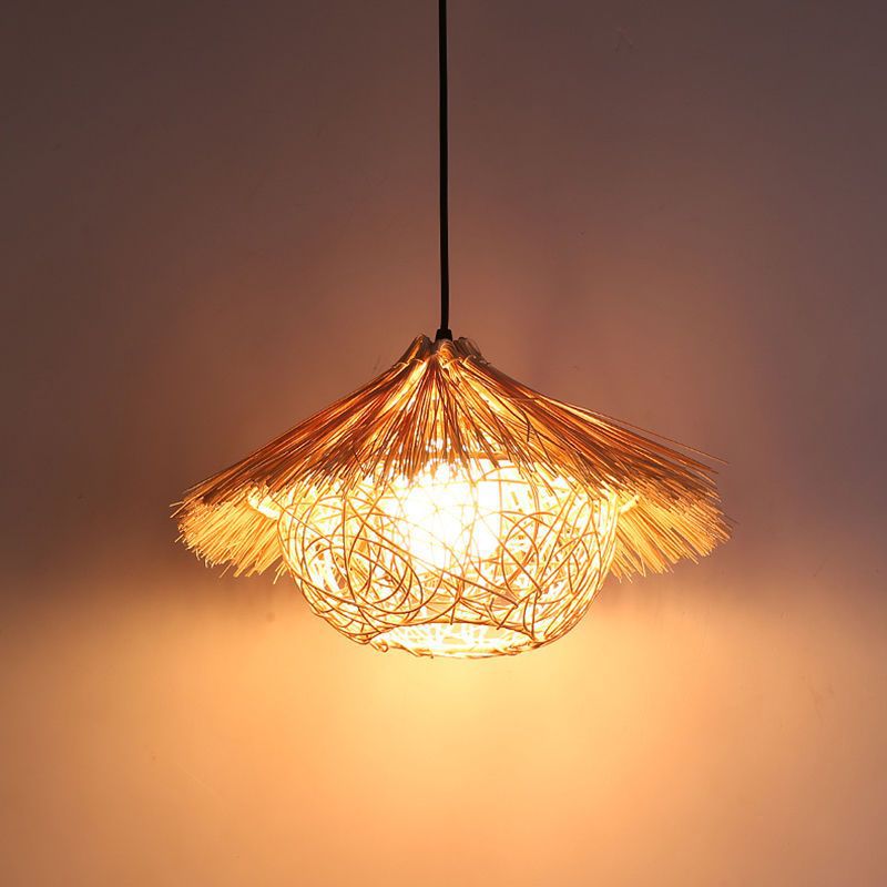 Traditional Rustic Rattan Weaving Straw Hat 1-Light Pendant Light For Dining Room