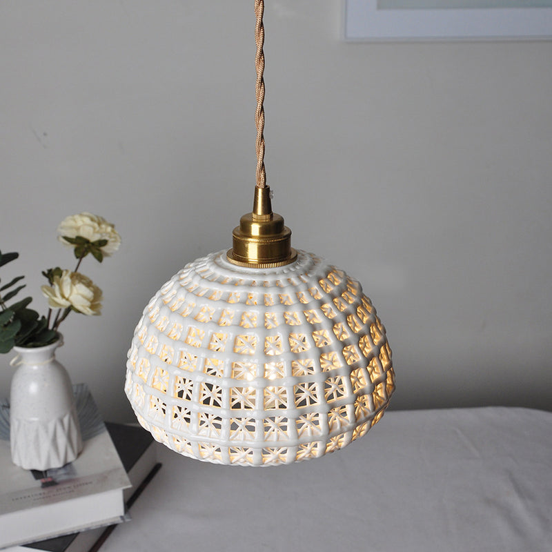 Contemporary Retro Ceramic Basket Shade Wood Brass 1-Light Pendant Light