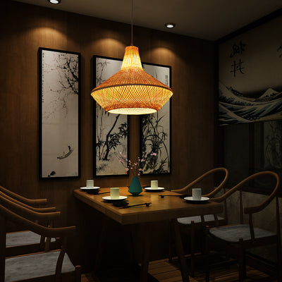 Traditional Chinese Round Bamboo Weaving 1-Light Pendant Light For Entertainment Rooms