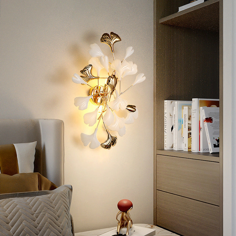 Contemporary Creative Ginkgo Leaf Iron Plastic Porcelain 2/3 Light Wall Sconce Lamp For Living Room