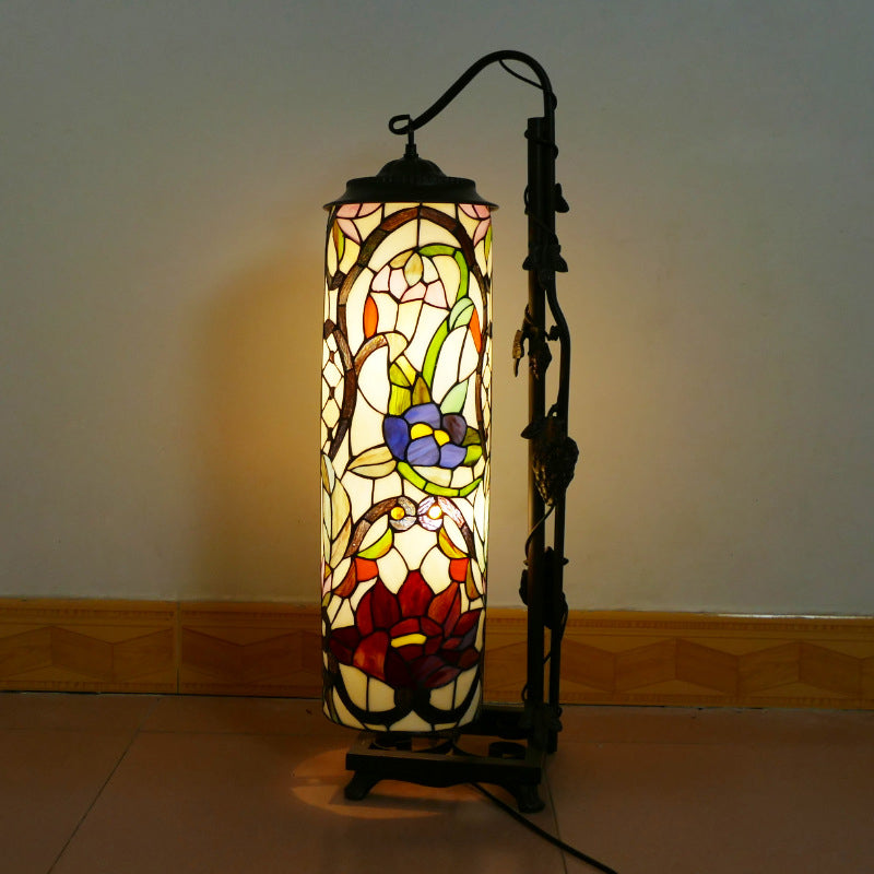 Traditional Tiffany Column Iron Glass 2-Light Standing Floor Lamp For Living Room