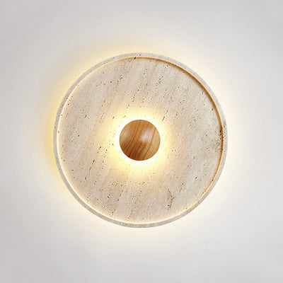 Traditional Japanese Yellow Travertine Disc Shade Wood Grain LED Flush Mount Ceiling Light For Living Room