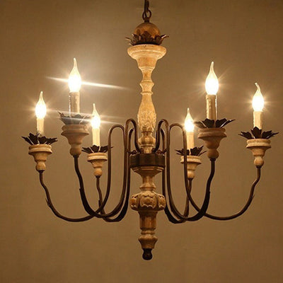 Traditional Rustic Curved Rod Candelabra Wooden Iron 6/8 Light Chandelier For Living Room