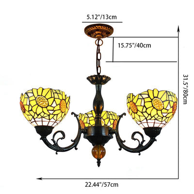 Traditional Tiffany Pastoral Yellow Sun Flower Pattern Stained Glass 3-Light Chandelier For Dining Room