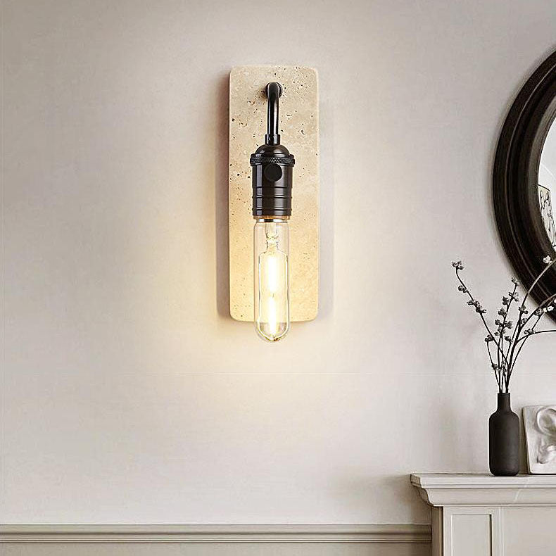 Contemporary Retro Travertine Brass Round 1-Light Wall Sconce Lamp For Bedroom