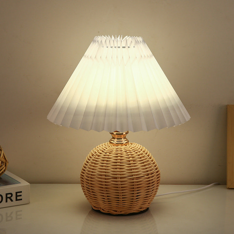 Contemporary Nordic Rattan Fabric Pleated Conic Ball LED Table Lamp For Bedroom