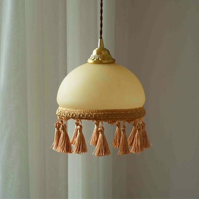 Traditional French Round Tassel Glass Copper Fabric 1-Light Pendant Light For Living Room