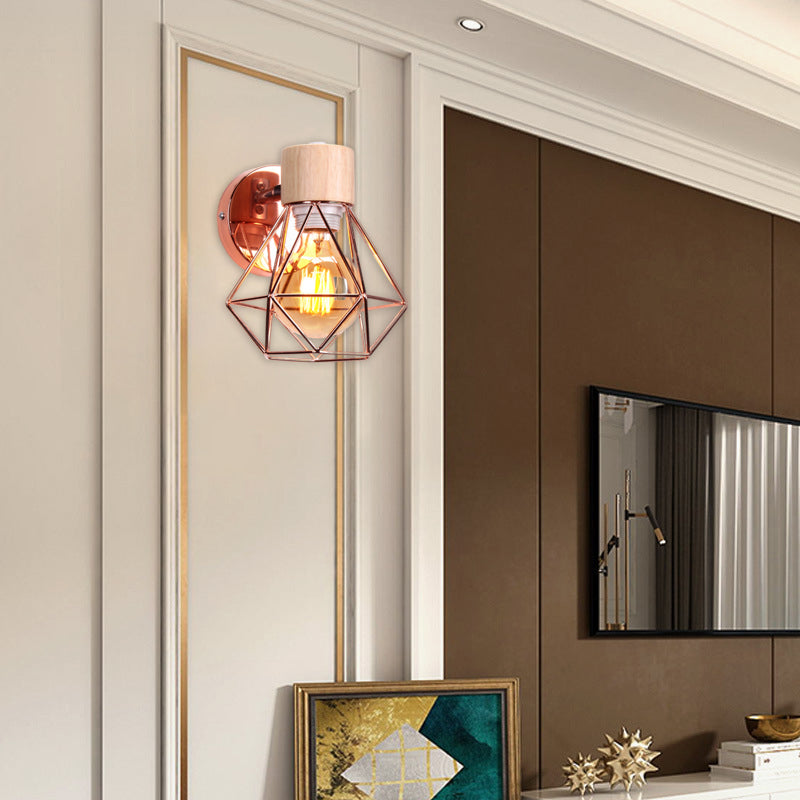 Contemporary Luxury Iron Wood Polygon Diamond 1-Light Wall Sconce Lamp For Bedroom