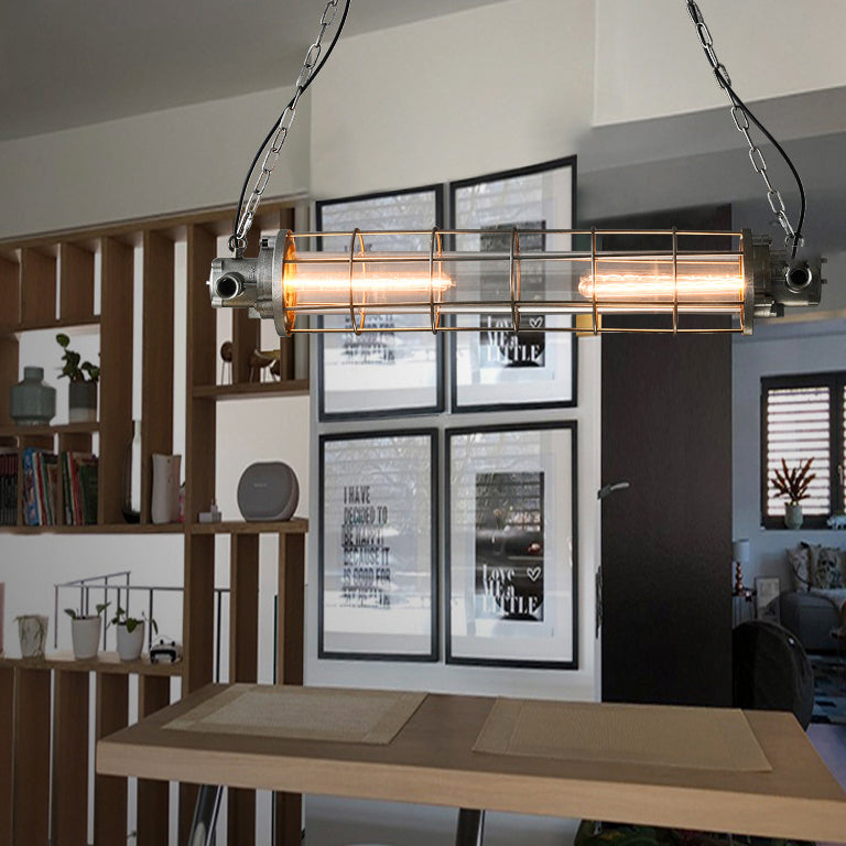 Contemporary Industrial Cylinder Grid Iron Glass 2-Light Island Light Chandelier For Dining Room