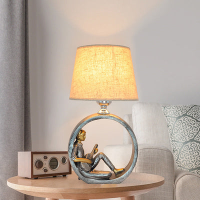 Contemporary Creative Round Girl Boy Resin Fabric 1-Light Table Lamp For Living Room