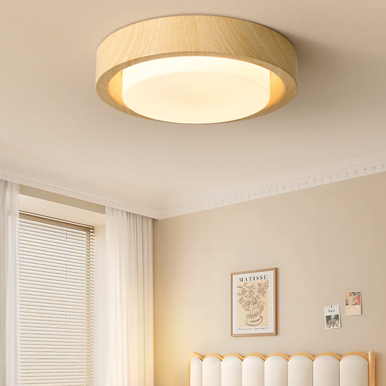 Traditional Japanese Round Glass Wood Grain LED Flush Mount Ceiling Light For Bedroom