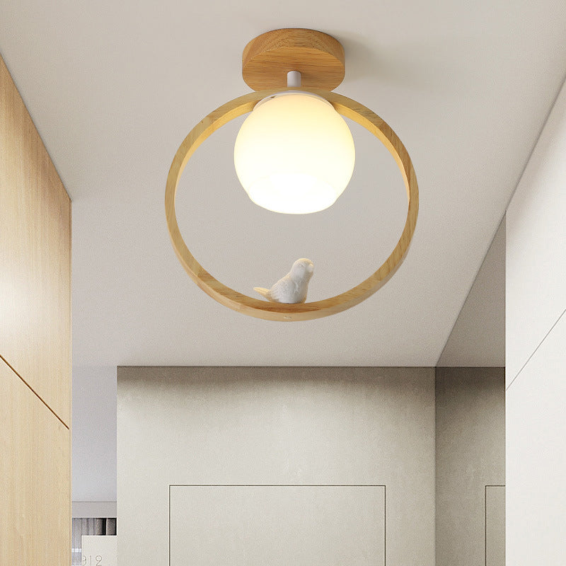 Traditional Japanese Wood Circle Ring Glass Ball Shade Bird 1-Light Semi-Flush Mount Ceiling Light For Living Room
