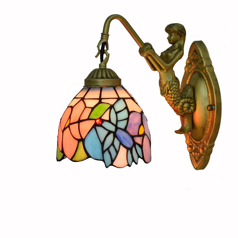 Traditional Tiffany Stained Glass Floral Shade Mermaid Hardware Lamp Arm 1-Light Wall Sconce Lamp For Living Room