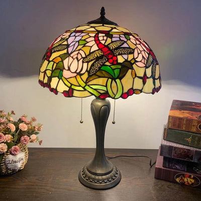 Traditional Tiffany Umbrella Flower Dragonfly Alloy Stained Glass 2-Light Table Lamp For Bedroom