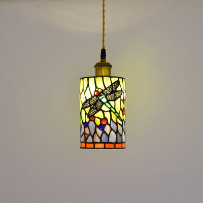 Traditional Tiffany Stained Glass Dragonfly Cylinder 1-Light Pendant Light For Living Room