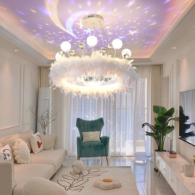 Contemporary Creative Crown Acrylic Ring Feather Decor LED Chandelier For Living Room