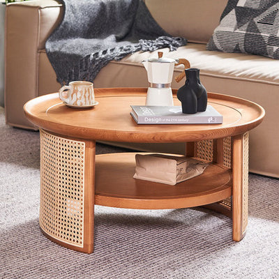 Traditional Japanese Round Wood Weaving Coffee Table For Living Room