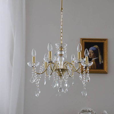 Traditional French Round Branch Crystal Candelabra Full Brass Glass 5/6/8 Light Chandelier For Living Room