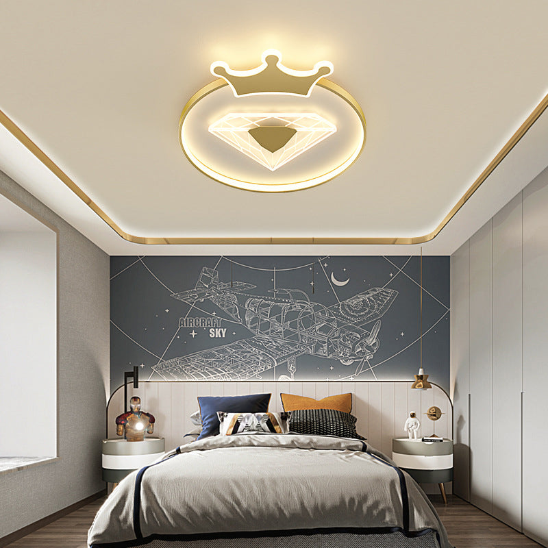 Modern Art Deco Crown Diamond Round Acrylic Iron LED Flush Mount Ceiling Light For Bedroom