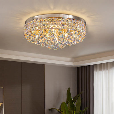 Modern Luxury Round Iron Crystal Beads 6/9-Light Flush Mount Ceiling Light For Living Room