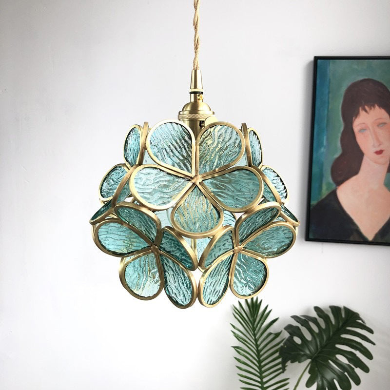 Modern Art Deco Brass Petal Glass Shade 1-Light Pendant Light For Living Room