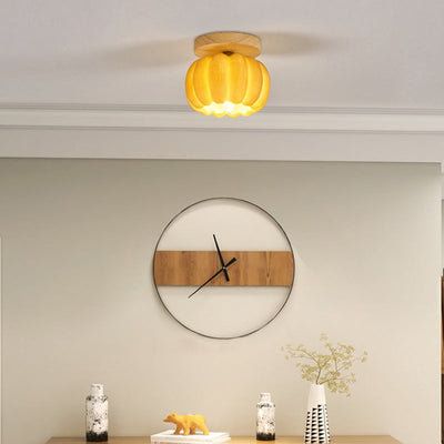 Contemporary Creative Pumpkin Solid Wood Resin Fiberglass 1-Light Semi-Flush Mount Ceiling Light For Living Room