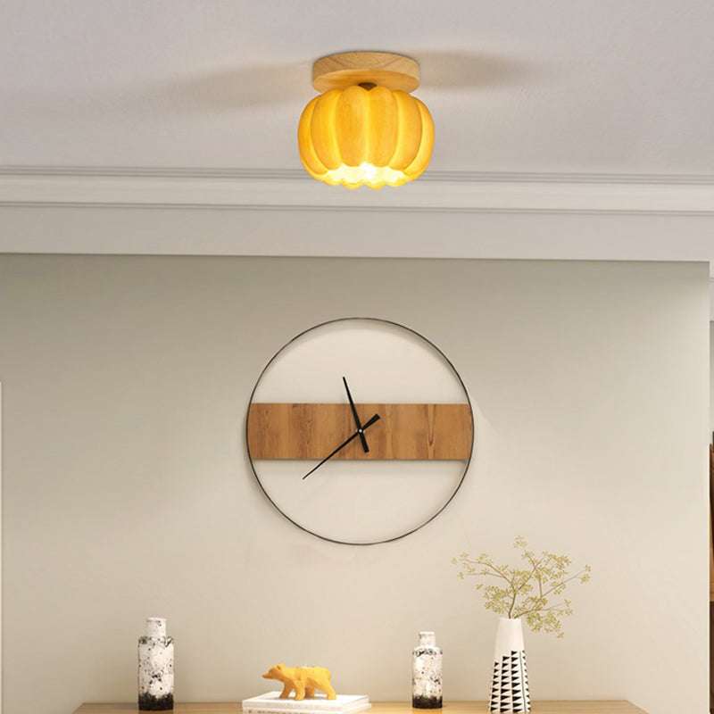 Contemporary Creative Pumpkin Solid Wood Resin Fiberglass 1-Light Semi-Flush Mount Ceiling Light For Living Room