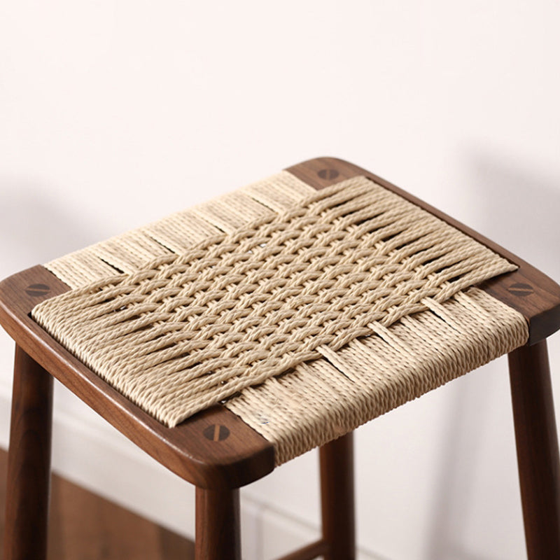 Traditional Japanese Rectangular Rope Woven Wooden Bar Stool For Dining Room