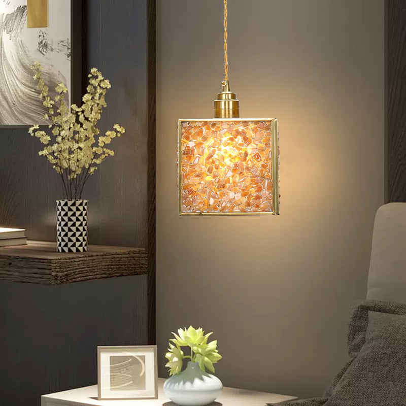 Modern Luxury Square Cube Gold Copper Frame Glass Shade 1-Light Pendant Light For Living Room