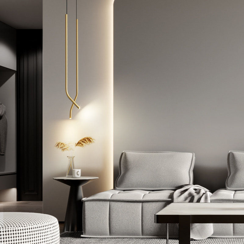 Modern Minimalist Bent Fine Tube All Copper LED Pendant Light For Bedroom