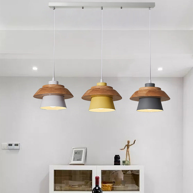 Modern Minimalist Macaron Disc Round Wooden Iron 1-Light Pendant Light For Living Room