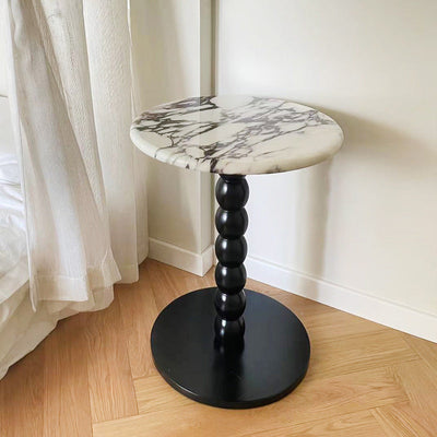 Traditional French Round Marble Wood End Table 1-Tier For Living Room