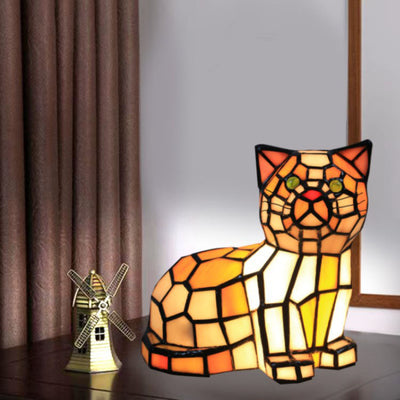 Lampe de table traditionnelle à 1 lumière en forme de chat en vitrail Tiffany pour chambre à coucher