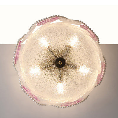 Traditional French Shell Textured Glass Round Shade Pearl Decor 5/8-Light Semi-Flush Mount Ceiling Light For Living Room