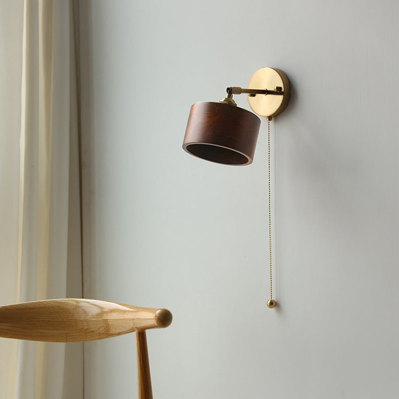 Contemporary Scandinavian Round Cone Dome Copper Wood 1-Light Wall Sconce Lamp For Bedroom