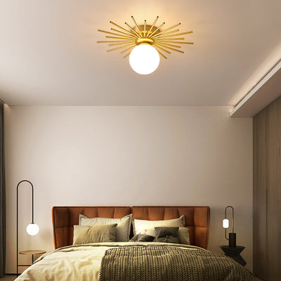 Contemporary Creative Round Copper Glass Semi-Flush Mount Ceiling Light For Living Room