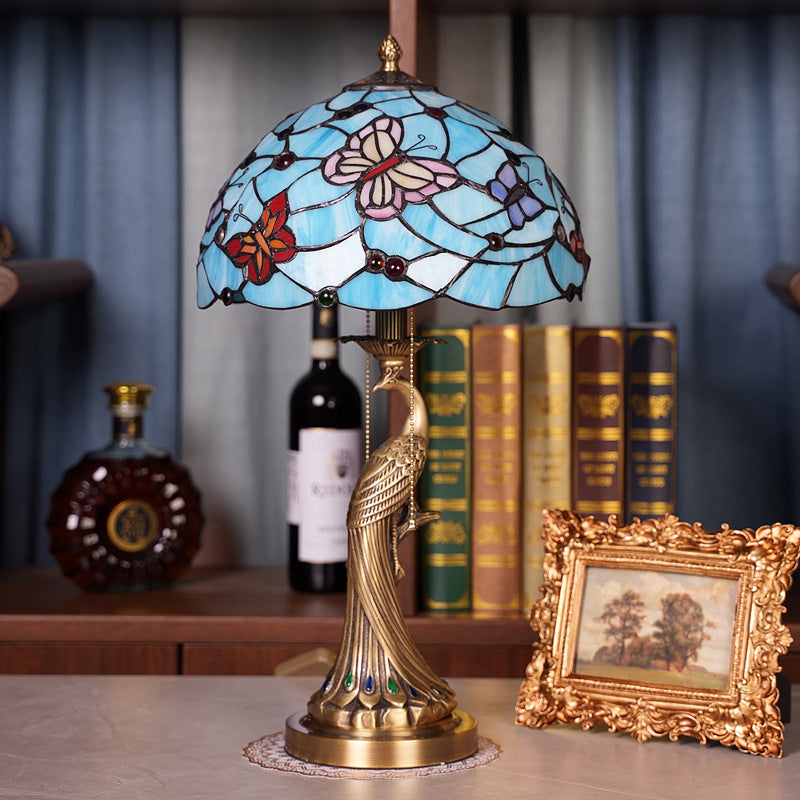 Traditional Tiffany Pastoral Butterfly Stained Glass Shade Peacock Hardware Base 1-Light Table Lamp For Home Office