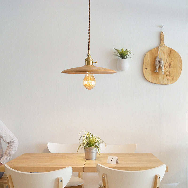 Contemporary Retro Wood Round Dish Irregular Grain 1-Light Pendant Light For Dining Room