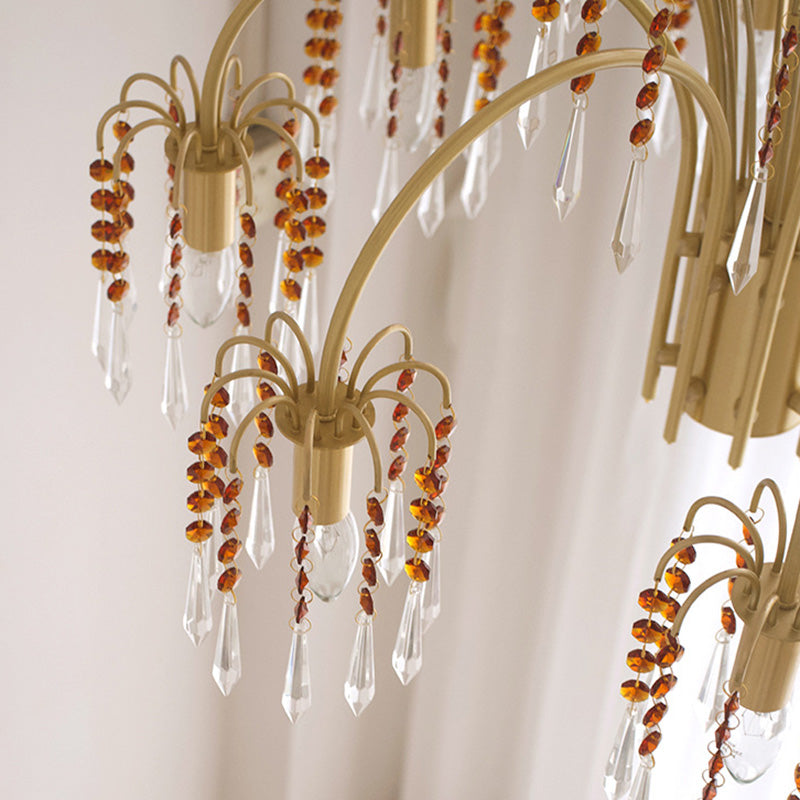 Traditional French Hanging Bead Chain Copper Crystal 3/6/8 Light Chandeliers For Livnig Room