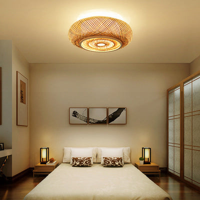 Traditional Vintage Round Skeleton Bamboo PVC 1-Light Flush Mount Ceiling Light For Living Room