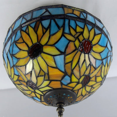 Traditional Tiffany Dome Sunflower Iron Glass 2-Light Semi-Flush Mount Ceiling Light For Hallway