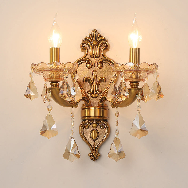 Traditional European Candlestick Holder Floral Zinc Alloy Jade Crystal 2-Light Wall Sconce Lamp For Living Room