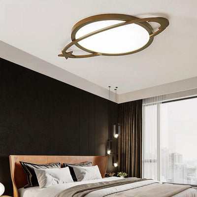 Contemporary Scandinavian Wood Acrylic Planet Round LED Flush Mount Ceiling Light For Bedroom