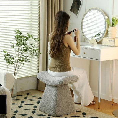 Modern Minimalist Rectangular Trapezoidal Base Wood Lambswool Vanity Stool For Bedroom