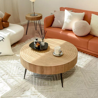 Modern Minimalist Round Annual Wood Stainless Steel Coffee Table For Living Room