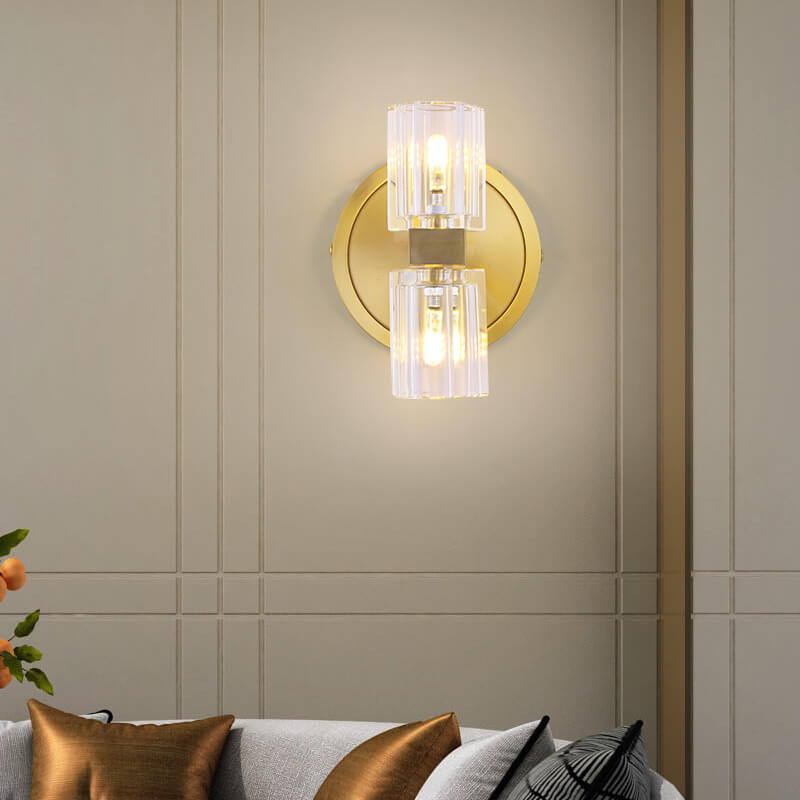 Modern Luxury Crystal Cylindrical Copper 2-Light Wall Sconce Lamp