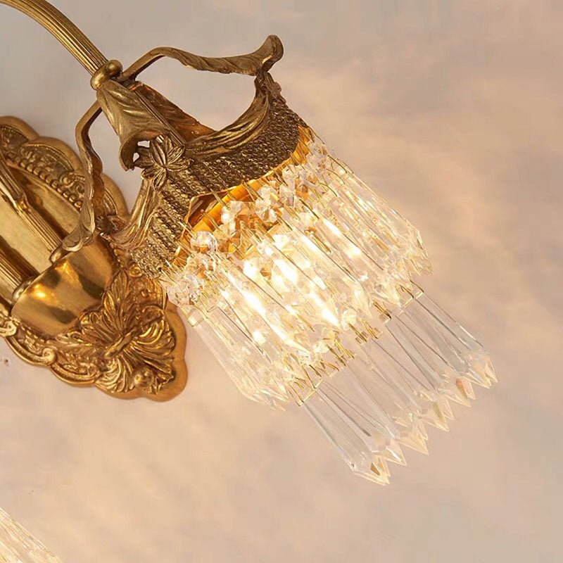 Traditional French Carved Leaf Brass Crystal 1/2 Light Wall Sconce Lamp For Bedroom