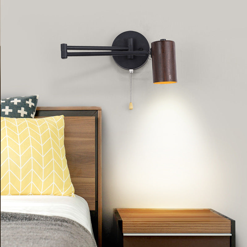 Contemporary Scandinavian Cylinder Iron Plastic Woodgrain 1-Light Wall Sconce Lamp For Bedroom